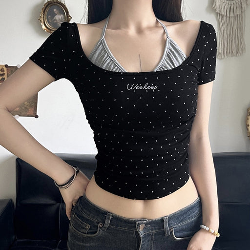 Polka Dot Letter Graphic Embroidery Faux Two Pieces Halter Lace up Short Top Backless Waist Trimming Slimming Contrast Color Short Sleeve-Fancey Boutique