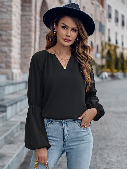 Color-Black-Women Clothing Solid Color V neck Loose Casual Autumn Winter Women Top-Fancey Boutique