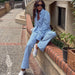 Autumn Blue Color Striped Casual Suit Collared Shirt High Waist Trousers Two Piece Set-Fancey Boutique