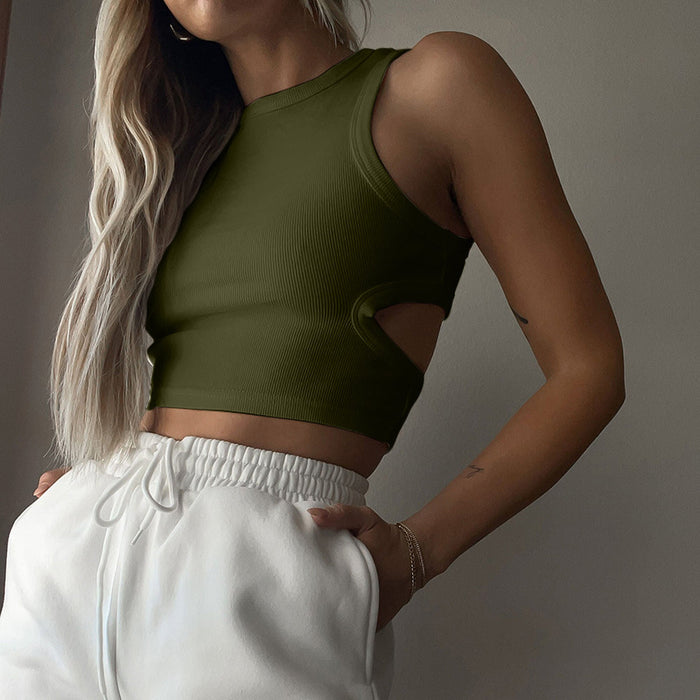 Color-Army Green-Women Clothing Basic Vest Women Clothing Slim Short Hollow Out Cutout Vest for Women-Fancey Boutique