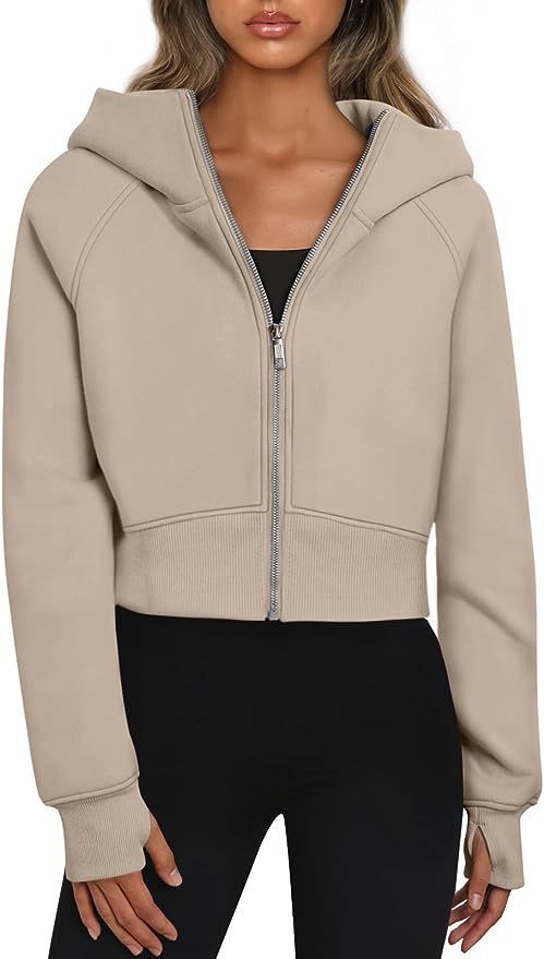 Color-Khaki-Women Clothing Hooded Zipper Short Casual Velvet Long Sleeve Sweatshirt-Fancey Boutique