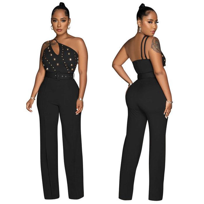 Color-Black-Solid Color Jumpsuit Slim Fit One Shoulder Wide Leg Pants Women-Fancey Boutique