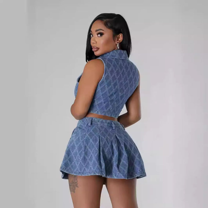 Women Casual Plaid Wash Denim Sets-Fancey Boutique