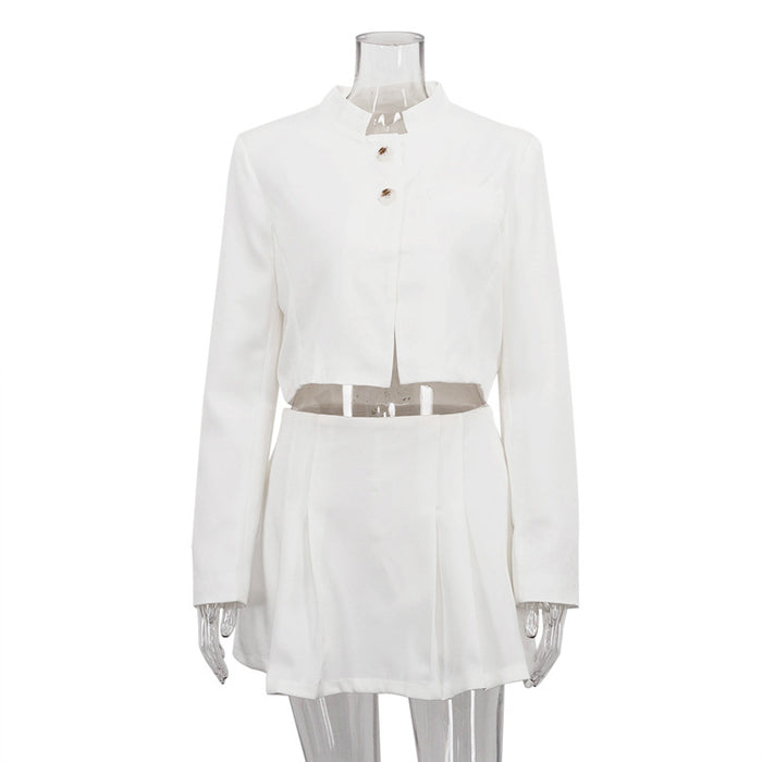 Early Autumn Two Piece Set Wear Women Clothing Stand Collar Chinese Coat Short Pleated Skirt Set-White-Fancey Boutique