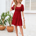 Color-Red-Square Collar Pleating Cute Mini Dress Summer Fur Ball Dress-Fancey Boutique