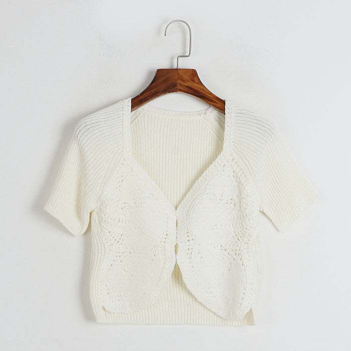Square Collar Short Sleeve Knitwear Women Collection Vintage Crocheted Hidden Hook Slim Slimming Slim Two Piece Top-White-Fancey Boutique