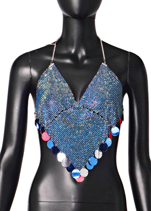 Color-Blue-Women Clothing Nightclub Sexy Low Cut Backless Halter Rhinestone Stitching Triangle Vest Women-Fancey Boutique