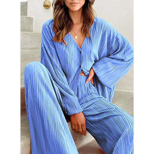 Color-skyblue-Spring Summer Women Solid Color Pleated Single Breasted Top High Waist Wide Leg Bell Bottoms Homewear Suit-Fancey Boutique