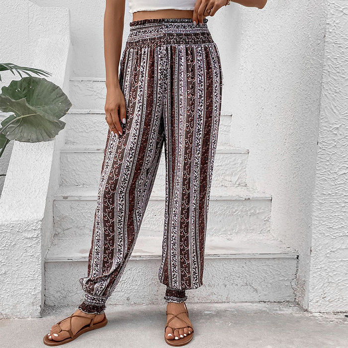 Color-Brown-Trousers Summer National Smocking High Waist Print Pants-Fancey Boutique