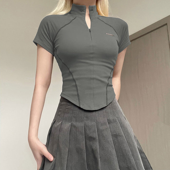 Mechanical Line Design Sexy Fitness Sports Waist Trimming Half Turtleneck Zipper Bottoming Long Sleeve-Fancey Boutique