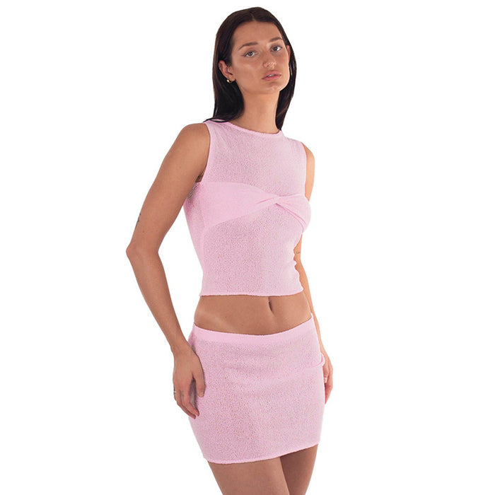 Women Clothing Summer Casual Solid Color Twist Sleeveless Vest Low Waist Hip Wrapped Skirt Sets-Pink-Fancey Boutique