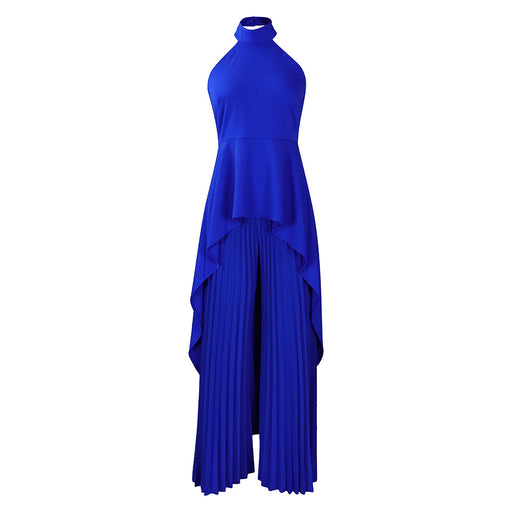 Women Clothing Office Sleeveless Irregular Asymmetric Top Wide Leg Pants Two Piece Suit-Blue-Fancey Boutique