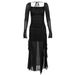 Color-Black-Autumn Winter Women Mesh Ruffled Niche Design Long Sleeve Square Collar Dress-Fancey Boutique