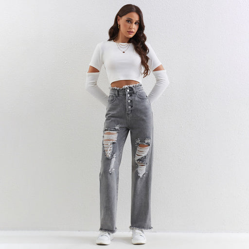 Women Clothing Gray Washed Ripped Straight Jeans Womenjeans-Gray-Fancey Boutique