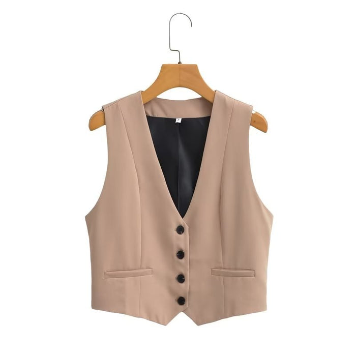 Color-Khaki-Autumn Women Clothing Short Solid Color Vest Waistcoat-Fancey Boutique