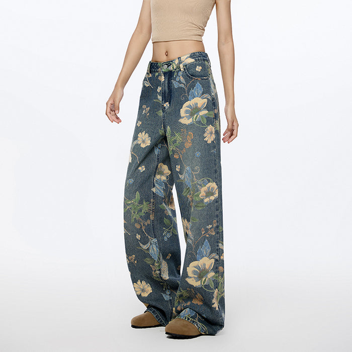 Women Same High Street Floral Wide Leg Jeans Printed Loose Fitting Nine One Mouth Two Leg Mop Pants-Fancey Boutique