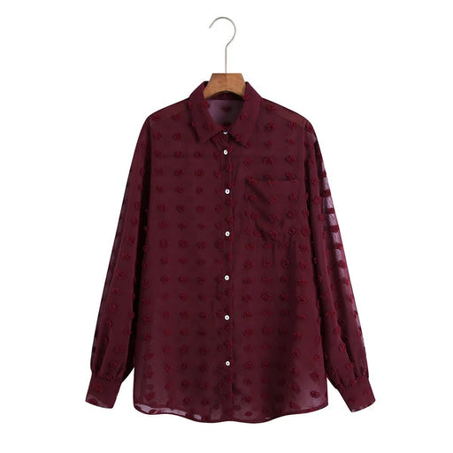 Color-Multi-Women Clothing Polo Collar Solid Color Polka Dot Embroidered Long-Sleeved Shirt Top-Fancey Boutique