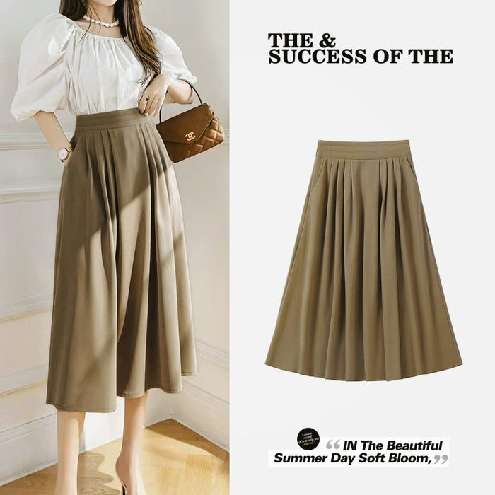 Color-Khaki-Woolen Skirt Women Autumn Winter Pleated Umbrella Skirt High Waist Design A line Big Hem Dress Korean Women Clothing-Fancey Boutique