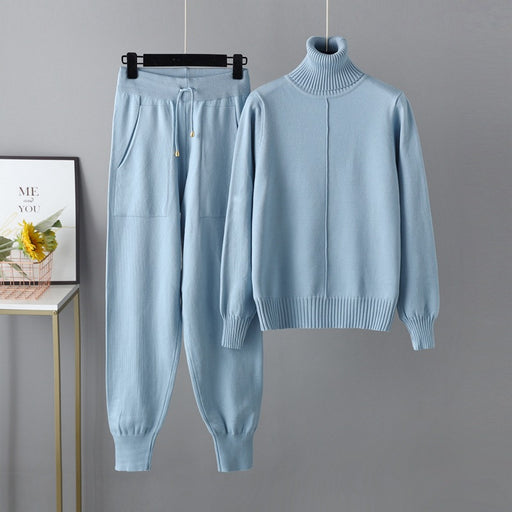 Color-skyblue-Casual Set Autumn Winter Turtleneck Solid Color Sweaters Two Piece Set-Fancey Boutique