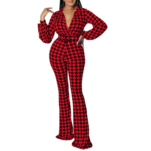 Color-Red-Women Clothing Autumn Winter V Neck Puff Sleeve Waist Trimming Printing Wide Leg African Jumpsuit-Fancey Boutique