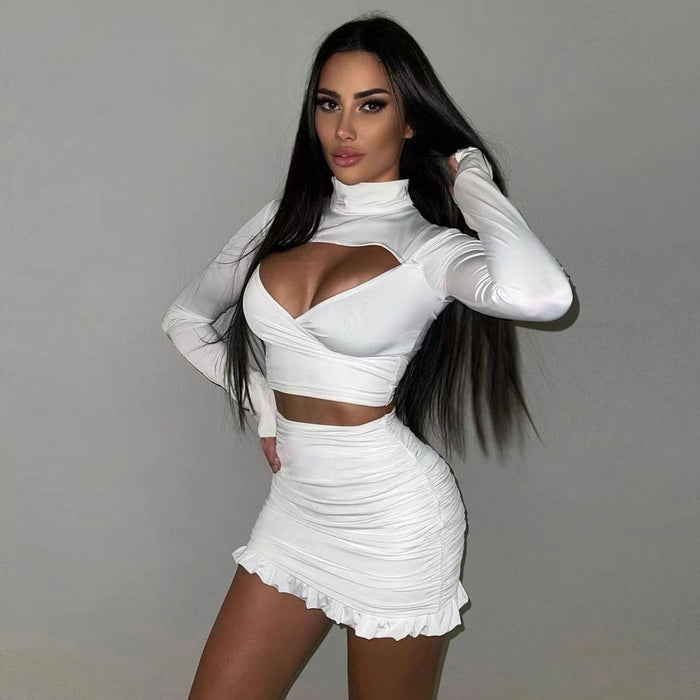 Color-White-Autumn Winter Sexy Hollow Out Cutout Long Sleeved Hip Pleated Cropped Two Piece Set-Fancey Boutique