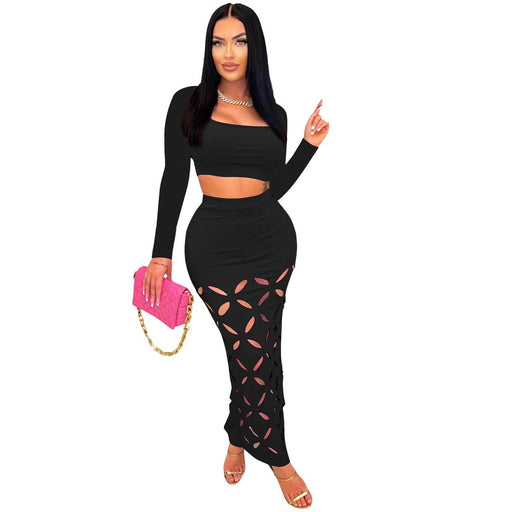 Color-Black-Women Clothing Thread Burning Square Collar High Waist Slim Fit Hollow Out Cutout Sexy Set-Fancey Boutique