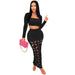 Color-Black-Women Clothing Thread Burning Square Collar High Waist Slim Fit Hollow Out Cutout Sexy Set-Fancey Boutique