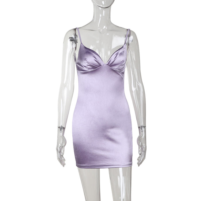 Sexy Suspenders V neck Satin Backless Dress Sexy Slim Fit Hip Wrapped Sexy Short for Women-Purple-Fancey Boutique