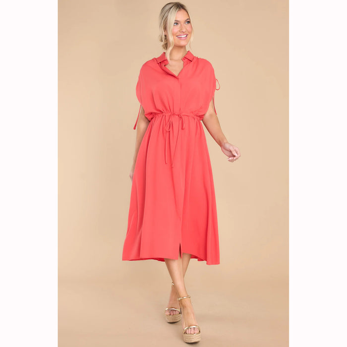 Color-Red-Trendy Summer Fitted Waist Turn down Collar Single Breasted Drawstring Dress-Fancey Boutique