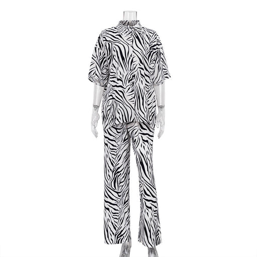 Color-Black-Satin Zebra Striped Women Summer Short Sleeve Shirt High Waist Trousers Two Piece Set-Fancey Boutique