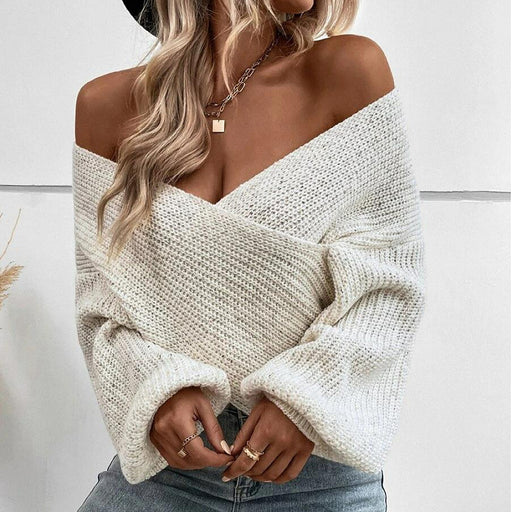 Fall Winter Sweater Women Clothing Elegant Cross V Neck Loose Pullover Women-Fancey Boutique