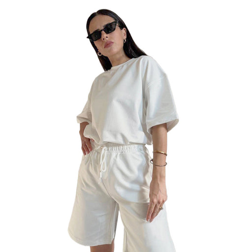 Color-White-Spring Summer Solid Color round Neck Short Sleeves Women Two Piece Suit All Matching Loose Outfit-Fancey Boutique