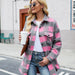 Color-Gray and Pink Plaid-Autumn Winter Brushed Woolen Coat Single-Breasted Collared Long Sleeve Plaid Shacket for Women Outerwear-Fancey Boutique