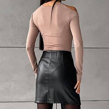 Sexy Slim Hip Fleece lined Artificial Leather A Swing High Waist Leather Skirt Autumn Skirt Women-Fancey Boutique