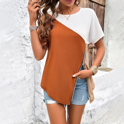Women Clothing Spring Summer Casual Color Block Crew Neck T shirt-Brown-Fancey Boutique