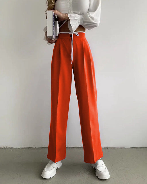 Color-Orange-Summer Women Clothing Solid Color Work Pant Elastic Waist Casual Trousers-Fancey Boutique