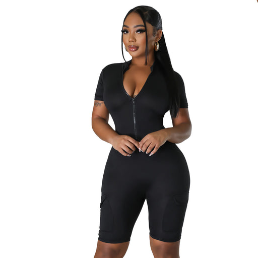 Summer Women Clothing Sexy Tight Short Sleeve Solid Color Jumpsuit for Women-Black-Fancey Boutique