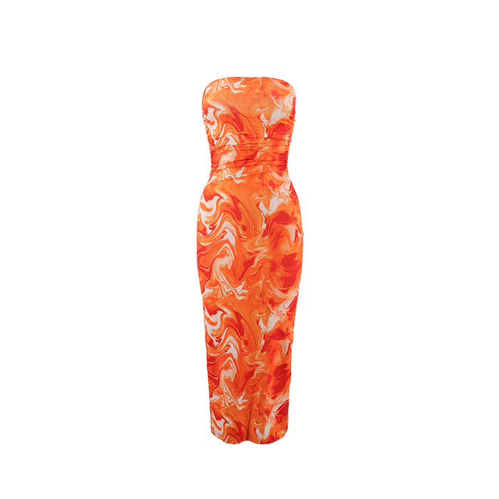 Summer Sexy Sexy Printed Tube Top Mid Length Dress Women Clothing Delivery-Orange-Fancey Boutique