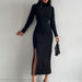 High Neck Split Knitted Dress Autumn Winter Long Sleeve Dress Sexy Sunken Stripe Skinny Sheath Sweater-Fancey Boutique