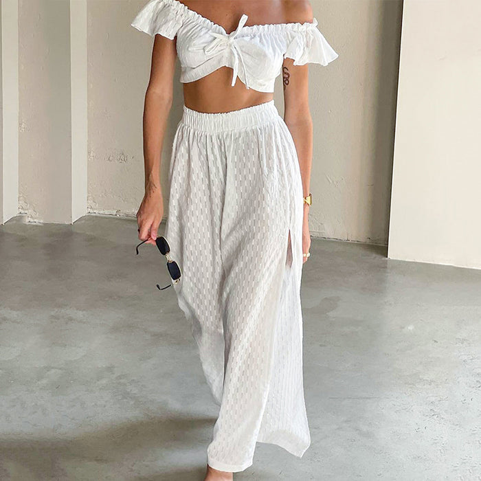 Summer Sexy Pants Set Women Ruffled Stitching Flying Sleeves Jacquard Slit-White-Fancey Boutique