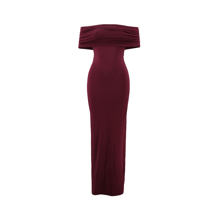 Women Clothing Summer Sexy off Shoulder Backless Bag Hip Pleated Solid Color Dress-Burgundy-Fancey Boutique