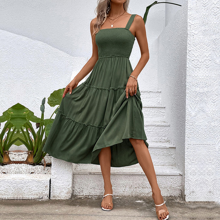 Color-Green-Women Solid Color Sling Summer Dress-Fancey Boutique