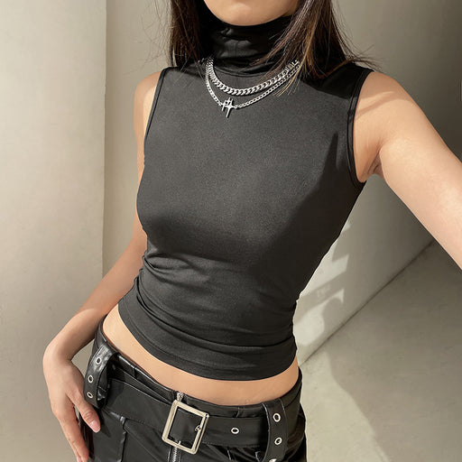 Street Basic Solid Color Turtleneck Anti Car Outer Wear Sleeveless Vest Sexy Elegant Slim Stretch Casual Top-Fancey Boutique