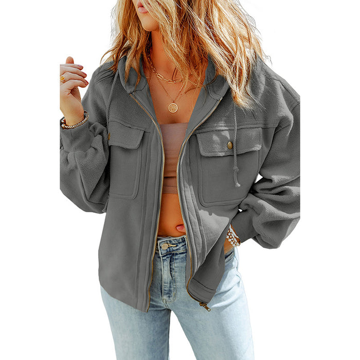 Color-Gray-Early Autumn Solid Color Loose Zip Jacket Women Casual Pocket Drawstring Long Sleeve Coat Women-Fancey Boutique