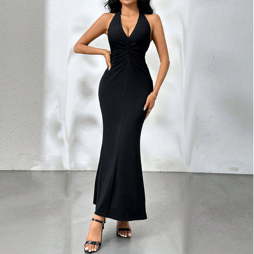 Sexy Backless Party Maxi Dress Elegant Party V Neck Halter Dress-Black-Fancey Boutique