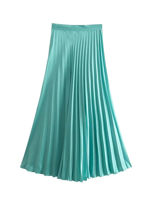 Color-Skirt-Summer Silk Satin Texture Double Breasted Shirt High Waist Half Pleated Skirt Set Women-Fancey Boutique