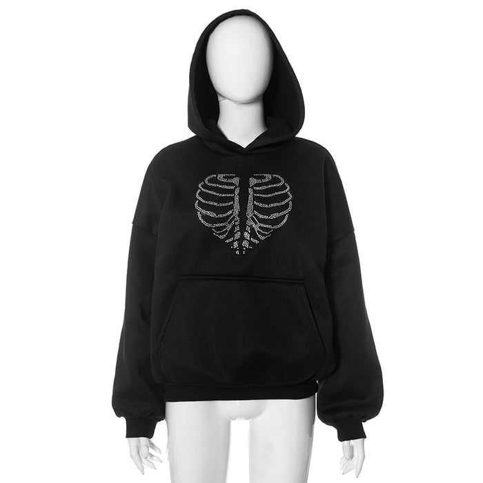 Color-Black-Trendy Skeleton Rhinestone Loose Hooded Sweater Top Women Autumn Winter-Fancey Boutique
