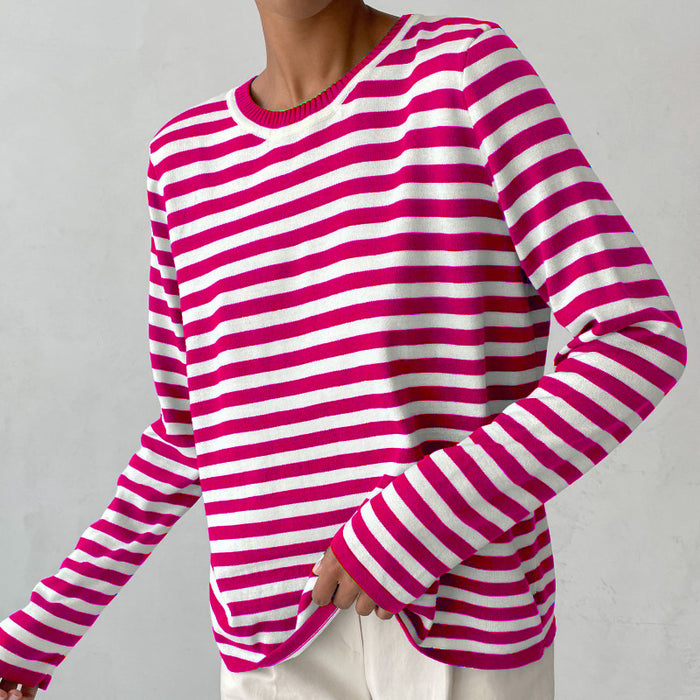 Round Neck Knitted Striped Sweater Autumn Winter Wild Classic Retro Striped Pullover Sweater for Women-Rose striped-Fancey Boutique