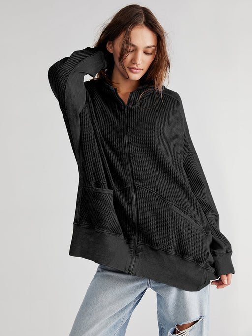Color-Black-Cardigan Zipper Sweater Home Wear Women Outerwear Hoodie Long Coat-Fancey Boutique