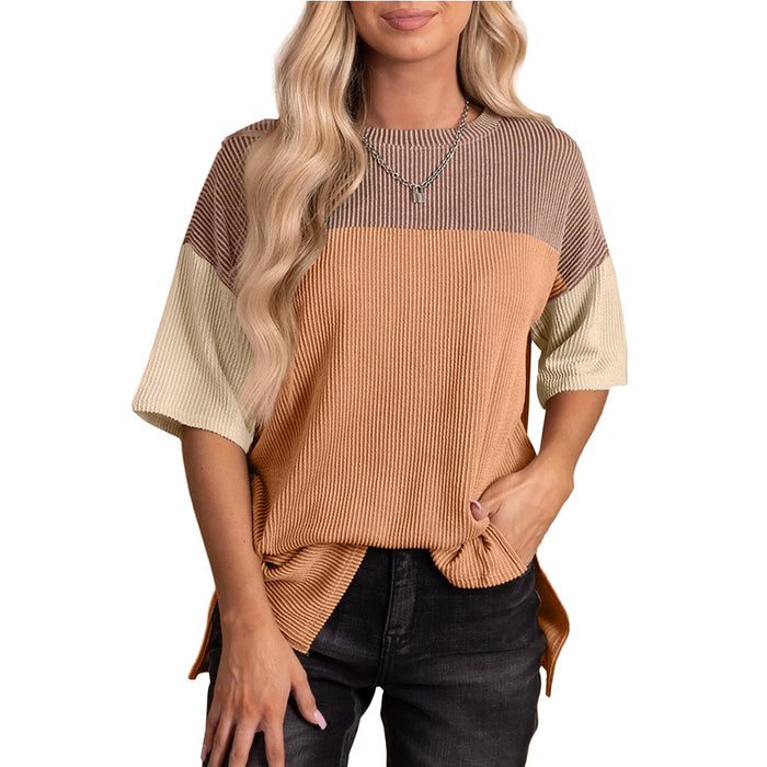 Spring Summer round Neck Wave Jacquard Color Matching Short Sleeve Loose T shirt Women-Khaki orange-Fancey Boutique